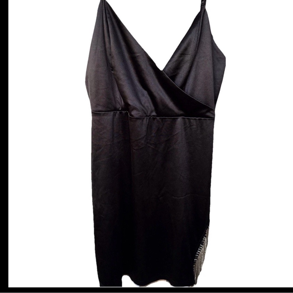 Vintage Kiss Club Black Asymmetrical Slip Dress Festival Bling Fringe Club Xl